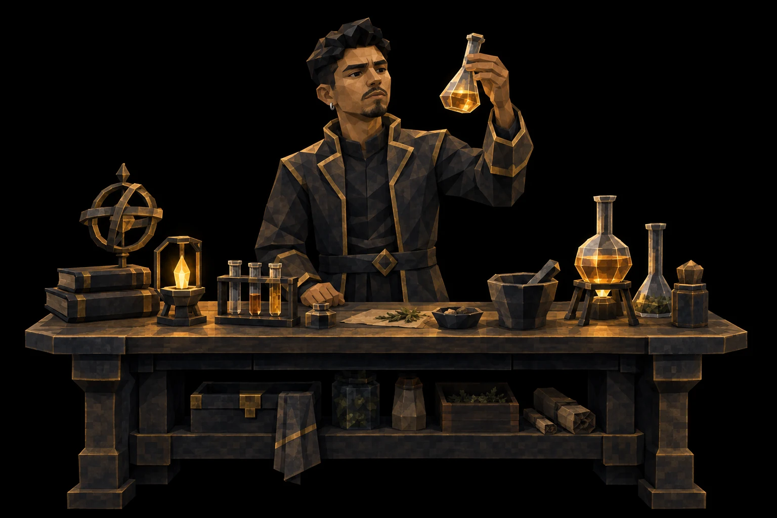 Rodrigo em roupa de alquimista, segurando um frasco junto a uma bancada de experimentos em estilo poligonal.